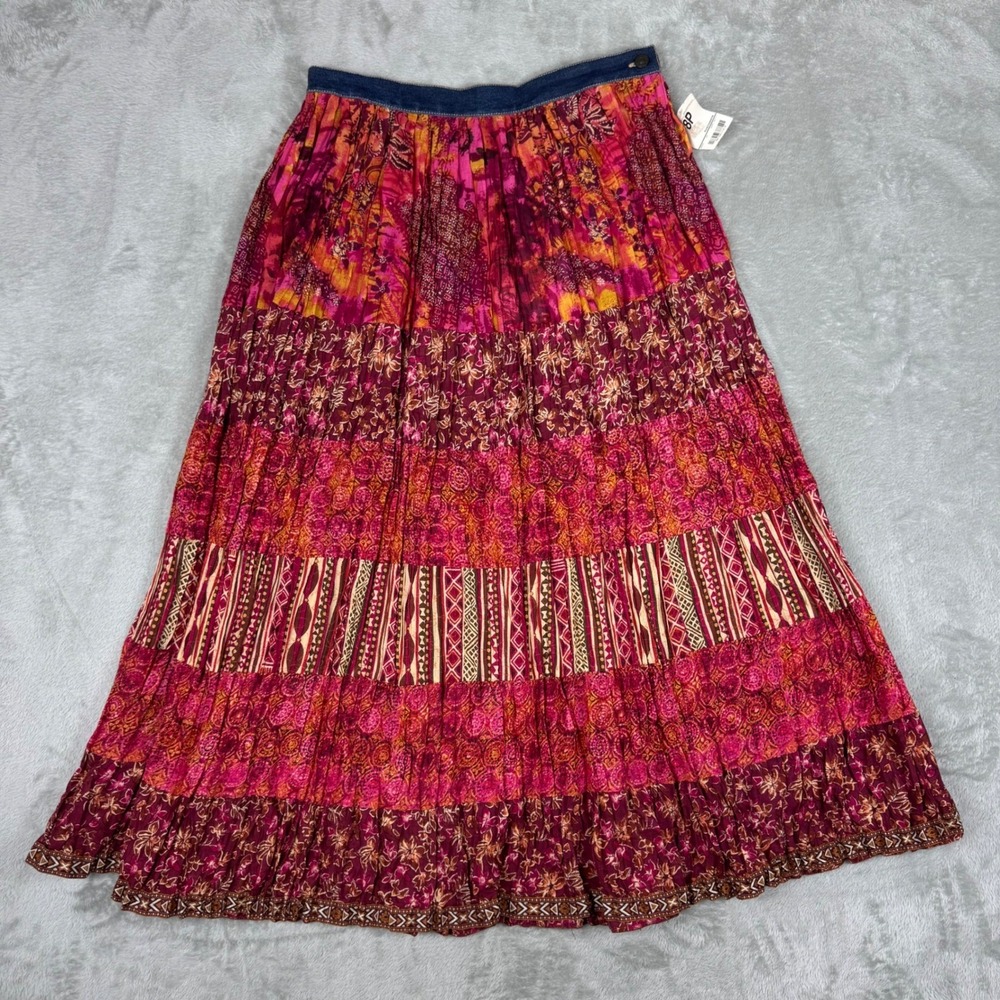 St. John's Bay Women's 8P Petite Boho Crinkle Maxi Skirt Pink Patchwork Cotton